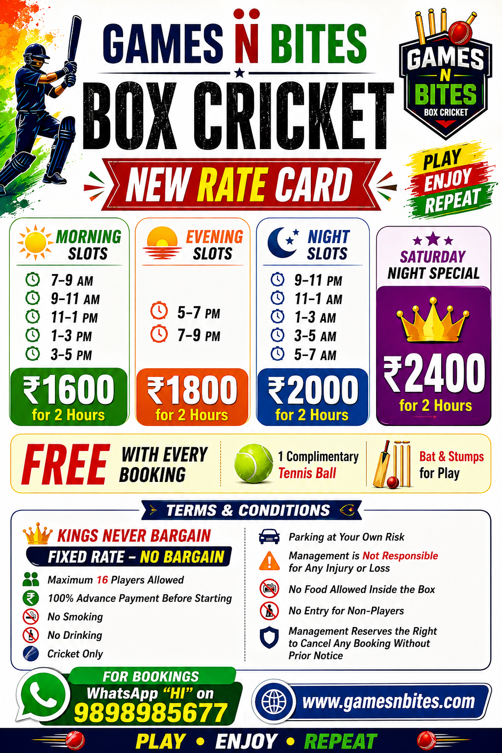 Games N Bites Box Cricket — Rules & Regulations